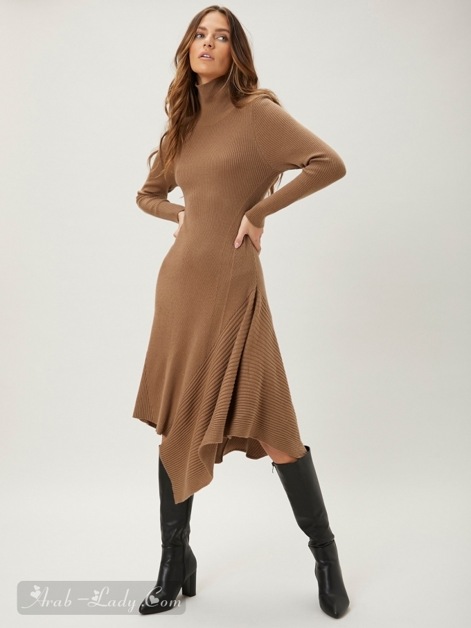 MOTF PREMIUM فستان صوفي ممزوج بالصوف حافة غير متماثل