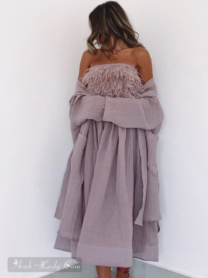 فستان من الريش من الكتان الأرجواني الفاتح + طقم من قطعتين كارديجان