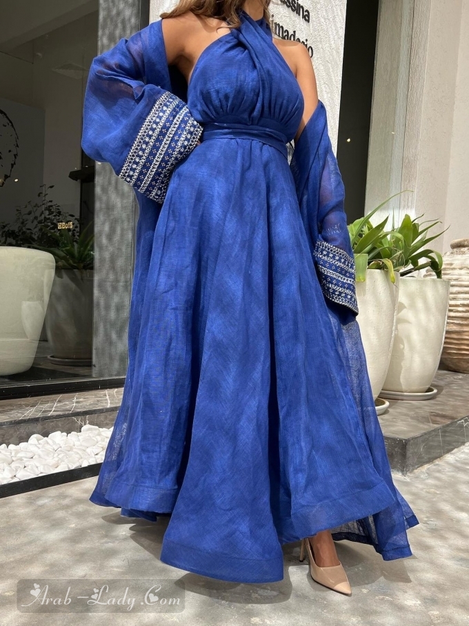 فستان أزرق بحمالات + طقم كارديجان مطرز من قطعتين