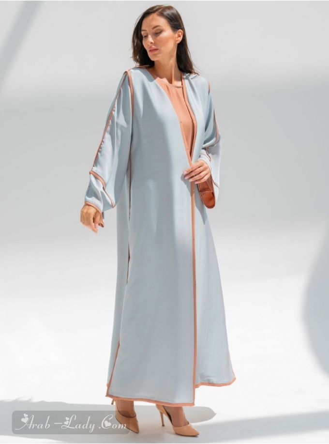 2-piece set of grey abaya with orange inner dress.