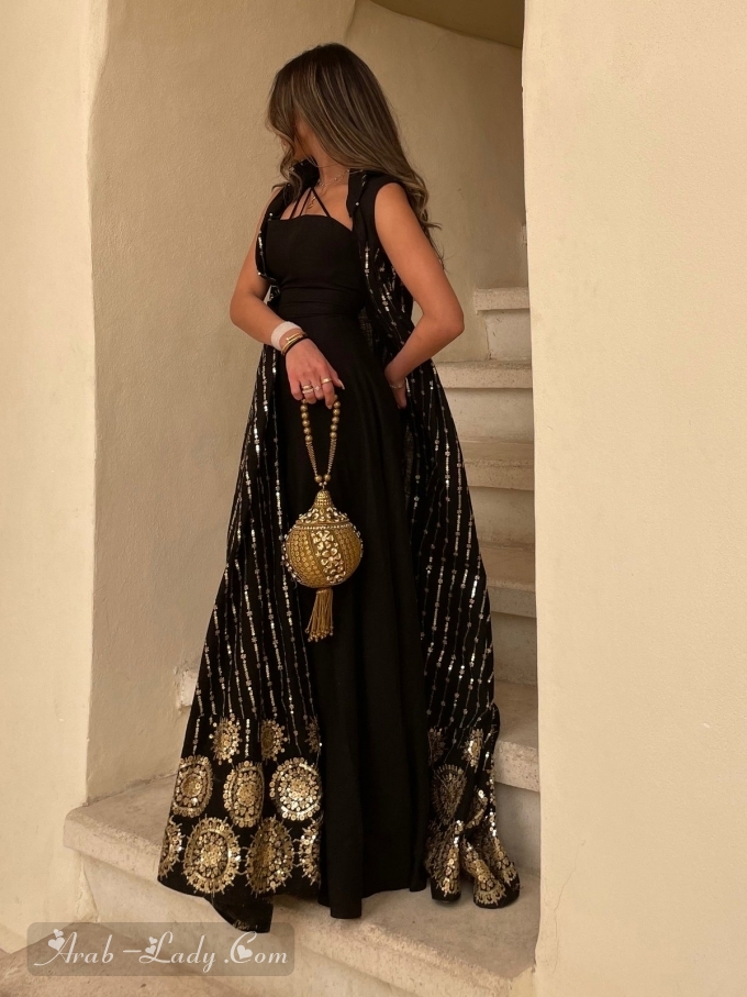 فستان أسود بحمالات + كارديجان مطرز بالترتر بلا أكمام