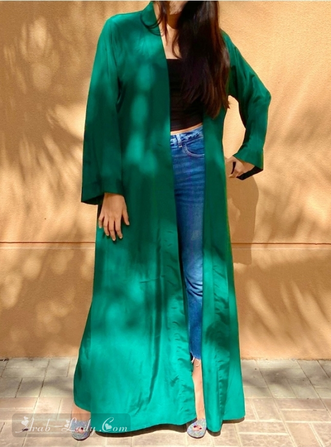 عباية حريرية بتصميم كيمونو باللون الأخضر السادة باشو انسيا طويلة