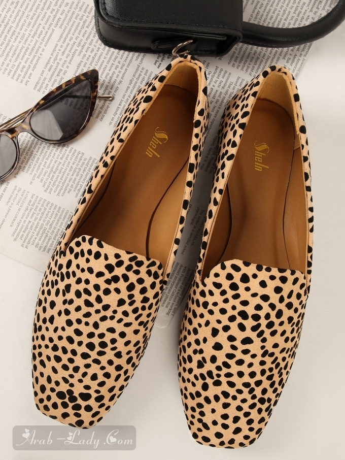 حذاء مسطح بدون كعب بطباعة الفهد سويدي جلد صناعي