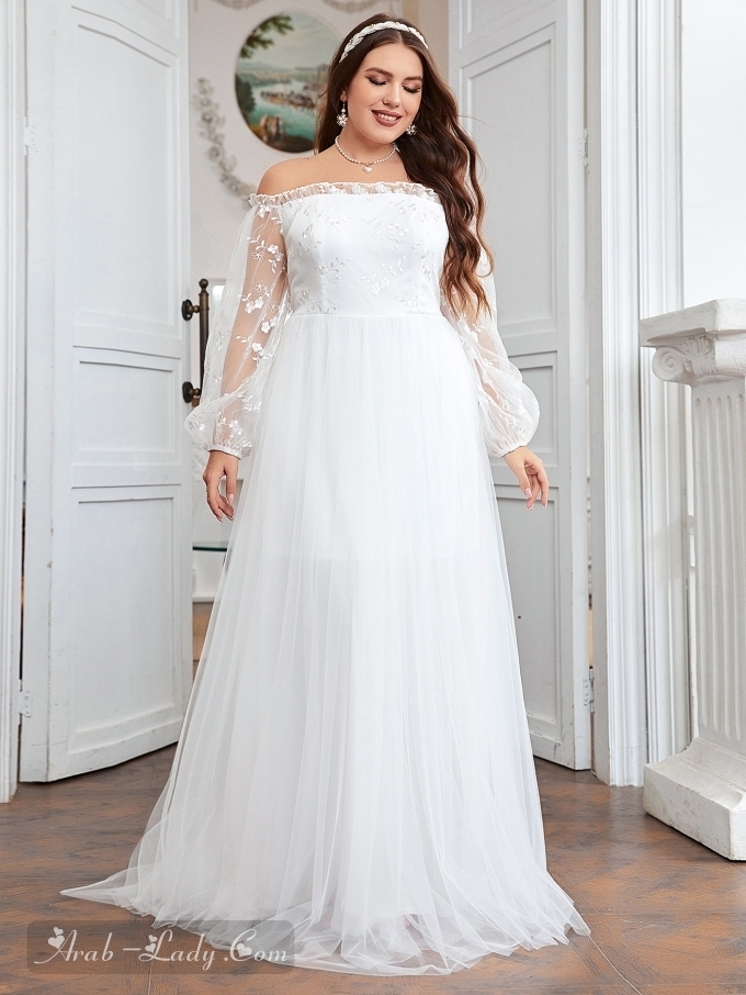 فستان زفاف مطرز بأزهار مكشوف الكتف أكمام فانوس شبكة مقاس كبير