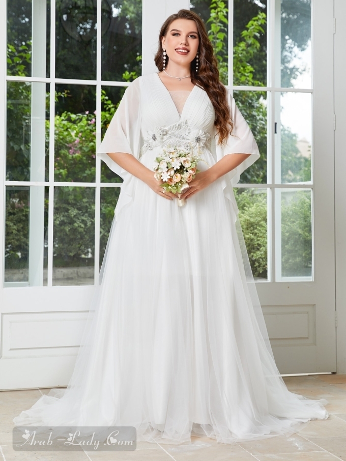 فستان زفاف مزين اكمام على شكل بوق ماكسي شبكة مقاس كبير