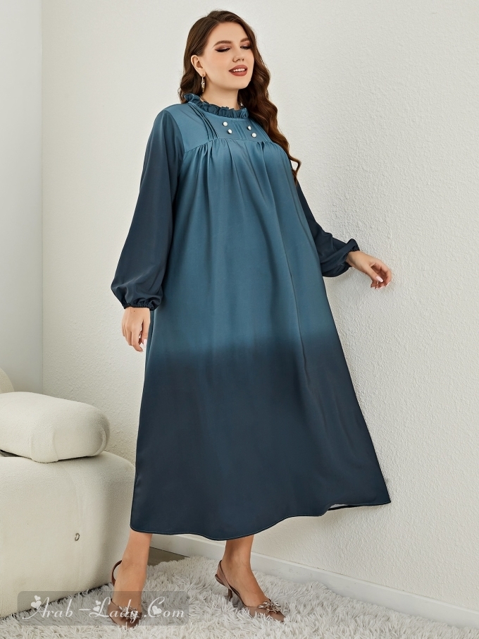 فستان مقلم بهدب أكمام فانوس ألوان متدرجة مقاس كبير